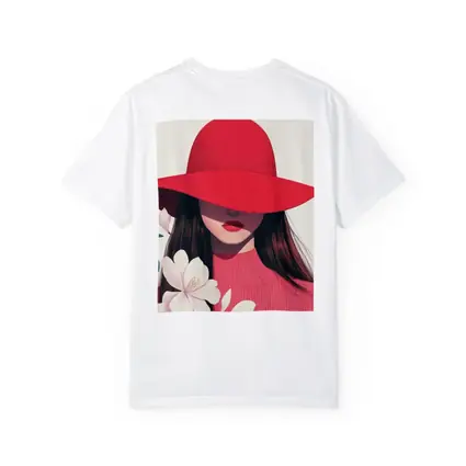 Woman Red Hat White Flowers Minimal Art