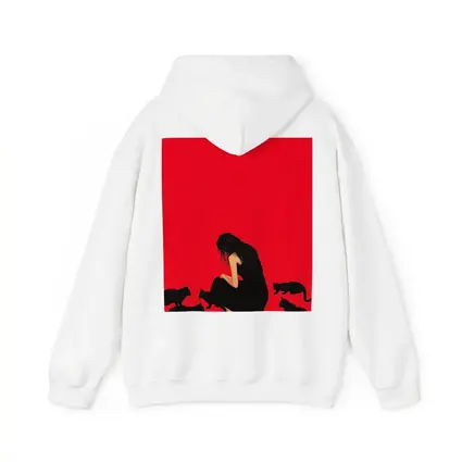 Woman Sitting With Black Cats Red Background