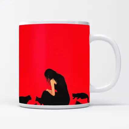 Woman Sitting With Black Cats Red Background