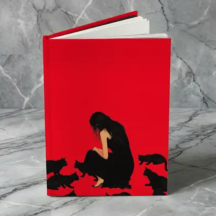 Woman Sitting With Black Cats Red Background