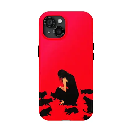 Woman Sitting With Black Cats Red Background