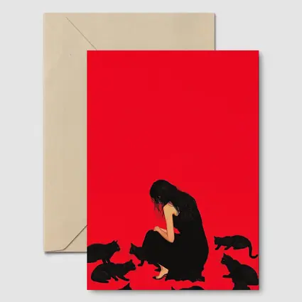 Woman Sitting With Black Cats Red Background