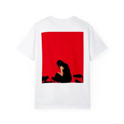Woman Sitting With Black Cats Red Background