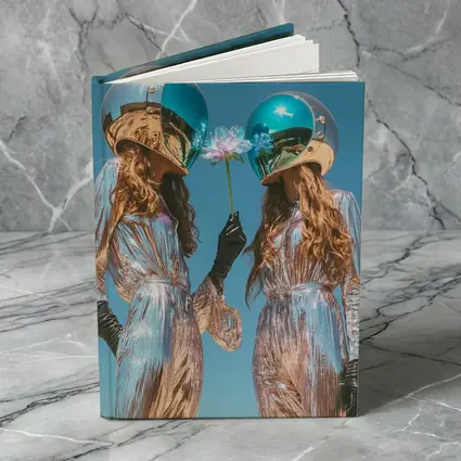 Two Women Astronaut Helmets Silver Suits Sky