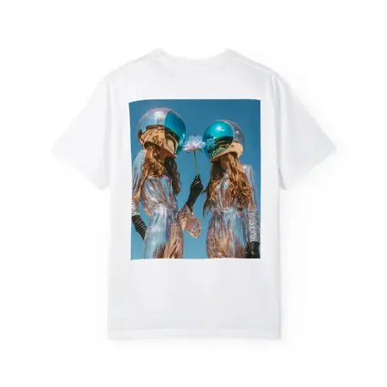 Two Women Astronaut Helmets Silver Suits Sky