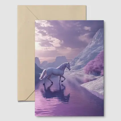 White Unicorn Walking Purple Winter Landscape