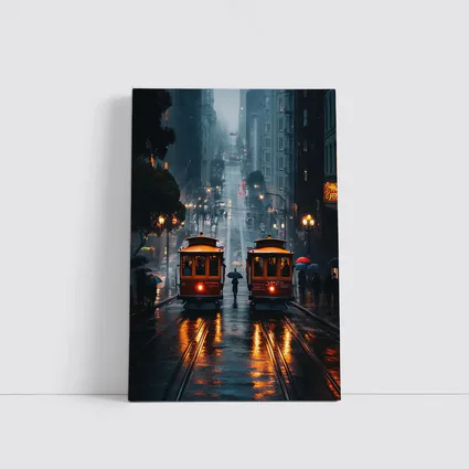 San Francisco Cable Cars Rainy City Street