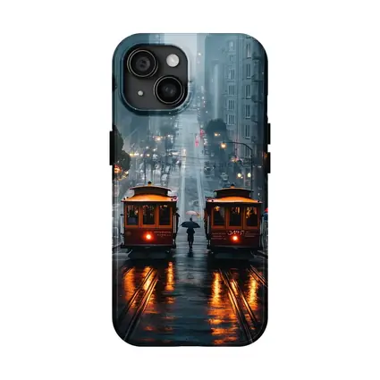 San Francisco Cable Cars Rainy City Street