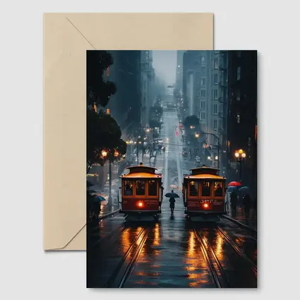 San Francisco Cable Cars Rainy City Street