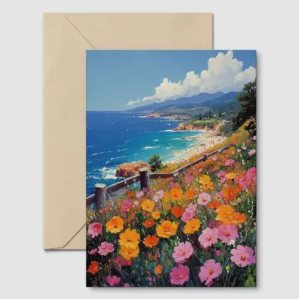 Coastal Wildflowers Overlooking Sunny Blue Ocean