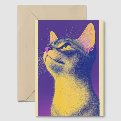 Abyssinian Cat Portrait Purple Yellow Background