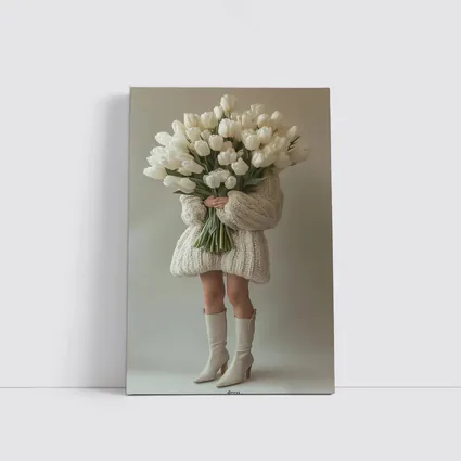 Woman Holding White Tulips Bouquet Beige Background
