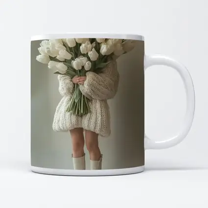 Woman Holding White Tulips Bouquet Beige Background