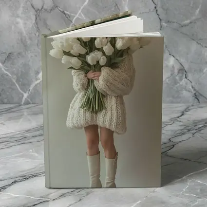 Woman Holding White Tulips Bouquet Beige Background