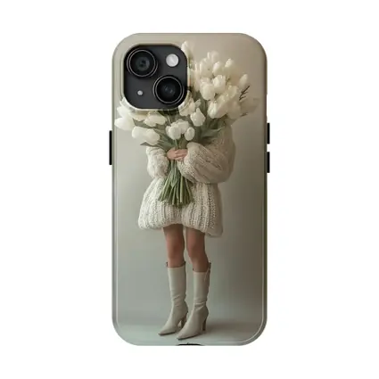 Woman Holding White Tulips Bouquet Beige Background