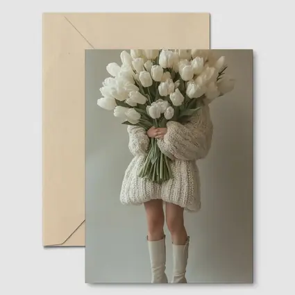 Woman Holding White Tulips Bouquet Beige Background