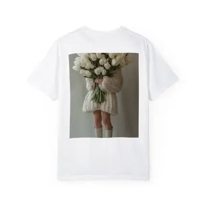 Woman Holding White Tulips Bouquet Beige Background