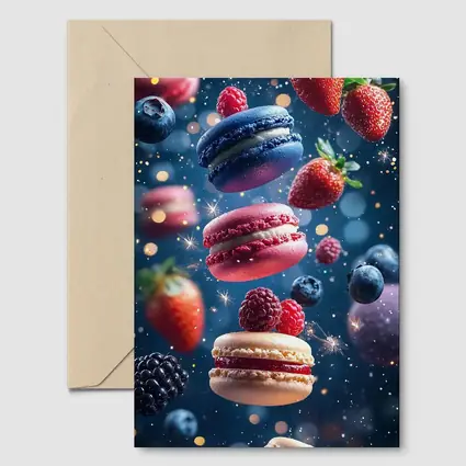 Macarons and Berries Floating Starry Background