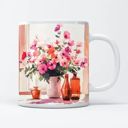 Pink Flowers Watercolor Still Life Window Light