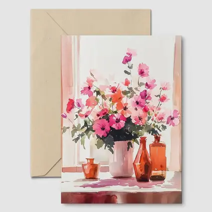 Pink Flowers Watercolor Still Life Window Light