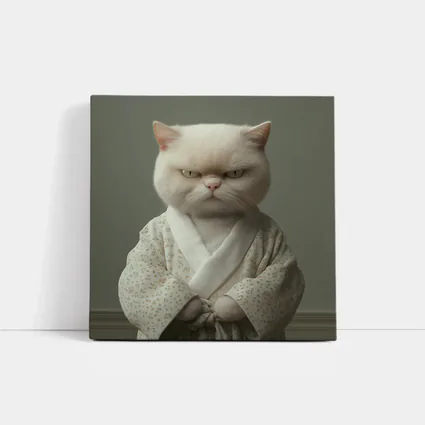 Grumpy White Cat Wearing Floral Robe