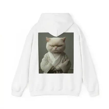 Grumpy White Cat Wearing Floral Robe