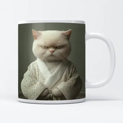 Grumpy White Cat Wearing Floral Robe