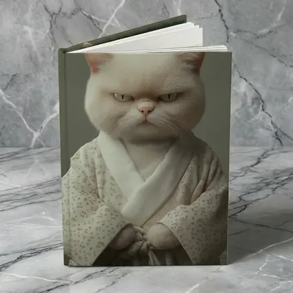 Grumpy White Cat Wearing Floral Robe