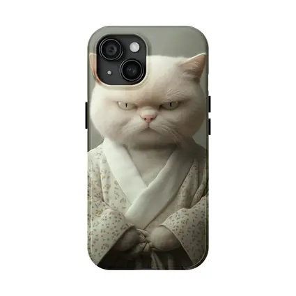 Grumpy White Cat Wearing Floral Robe