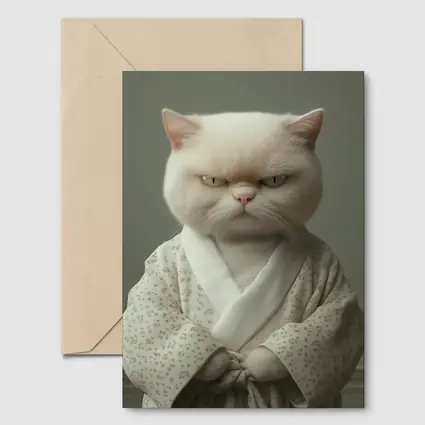 Grumpy White Cat Wearing Floral Robe