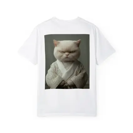 Grumpy White Cat Wearing Floral Robe
