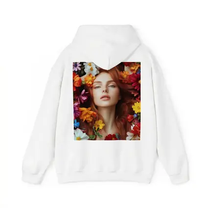 Red Haired Woman Surrounded by Colorful Flowers