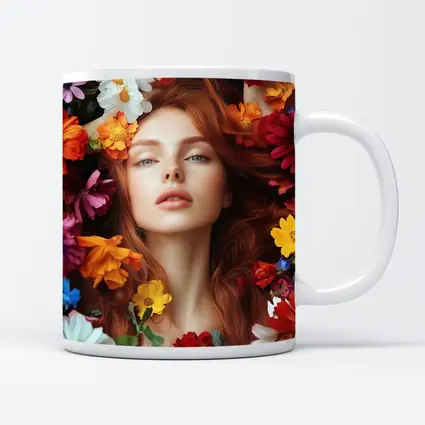 Red Haired Woman Surrounded by Colorful Flowers