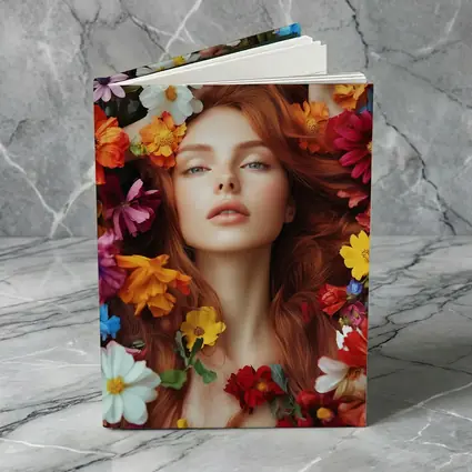 Red Haired Woman Surrounded by Colorful Flowers
