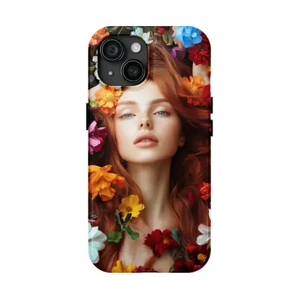 Red Haired Woman Surrounded by Colorful Flowers