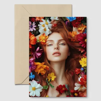 Red Haired Woman Surrounded by Colorful Flowers