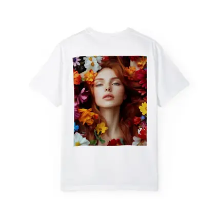 Red Haired Woman Surrounded by Colorful Flowers