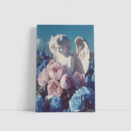 Cupid Angel Statue Pink Blue Peonies