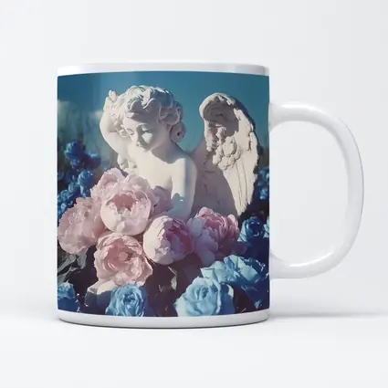 Cupid Angel Statue Pink Blue Peonies
