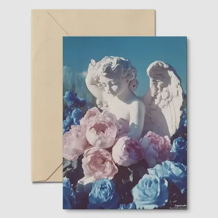 Cupid Angel Statue Pink Blue Peonies