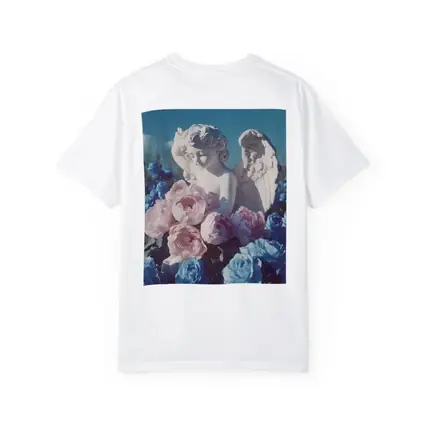 Cupid Angel Statue Pink Blue Peonies