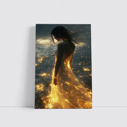 Glowing Woman Golden Light Ocean Shore