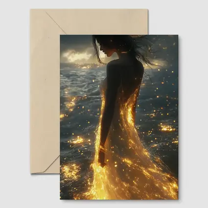 Glowing Woman Golden Light Ocean Shore