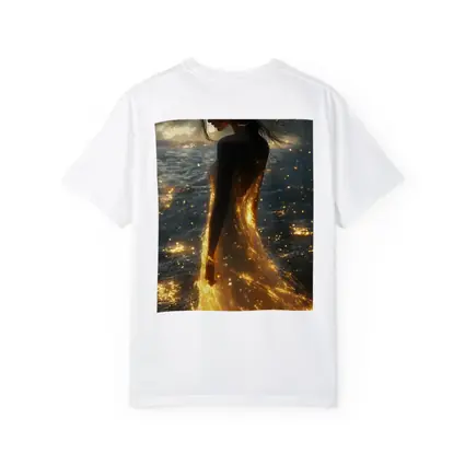 Glowing Woman Golden Light Ocean Shore