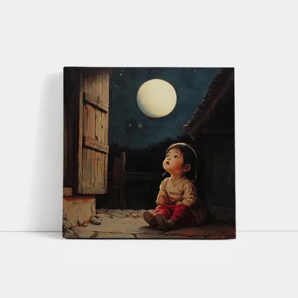 Child Gazing at Full Moon Night Sky