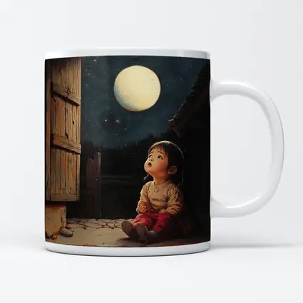 Child Gazing at Full Moon Night Sky