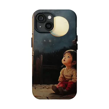 Child Gazing at Full Moon Night Sky