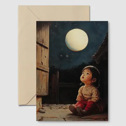 Child Gazing at Full Moon Night Sky