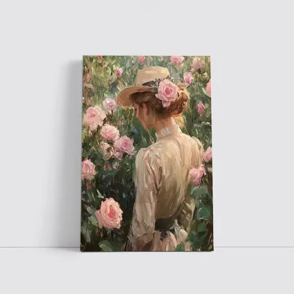 Woman in Hat Among Pink Roses Painting