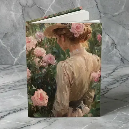Woman in Hat Among Pink Roses Painting